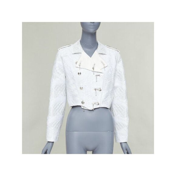 LOUIS VUITTON 2020 Runway ivory silver brocade military crop biker jacket FR36 S - Picture 3 of 10